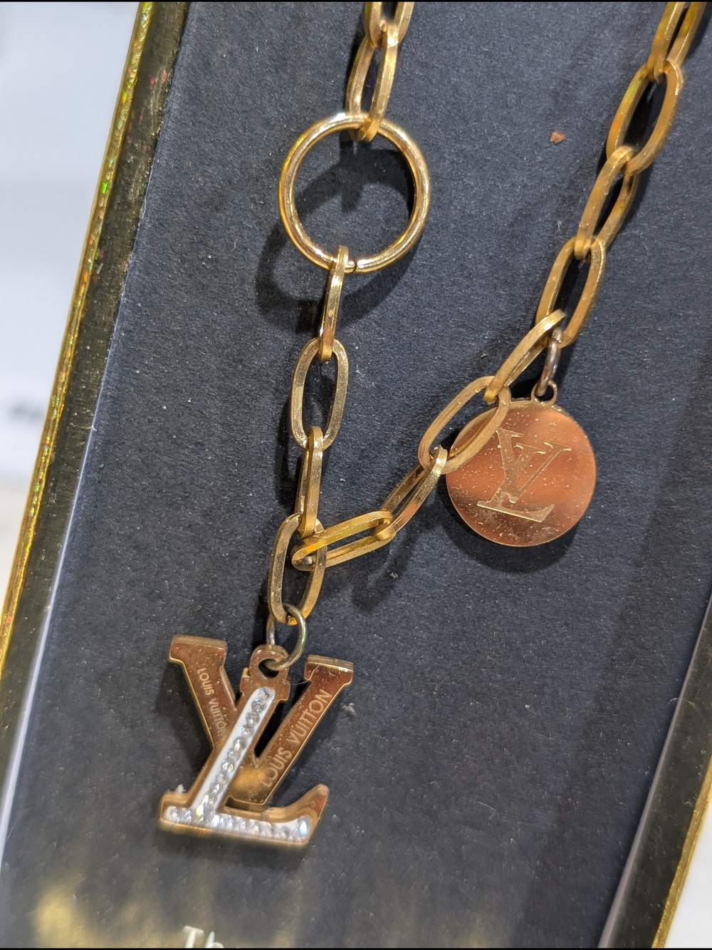 Luxury Inspired Gold-tone LV Charm Necklace with Crystal Accents